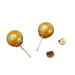 Authentic Golden South Sea Pearl Stud Earrings 11mm Pearl & 18K Gold Setting